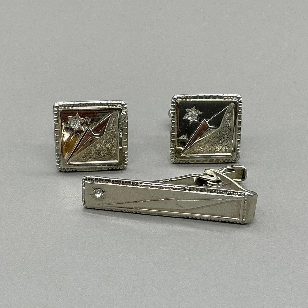 Vintage Silver Tone Cufflinks Tie Clip Set Rhinestone Mid Century Men's Formal